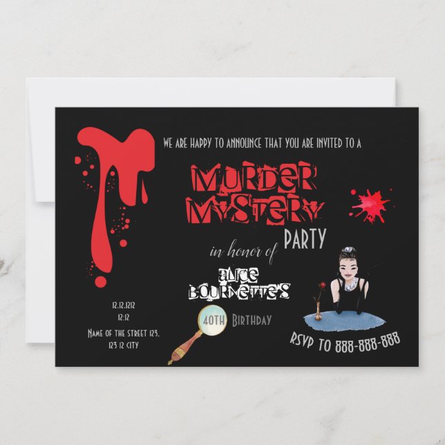 Murder Mystery Birthday Party Black Elegante Ankündigung (Vorderseite)