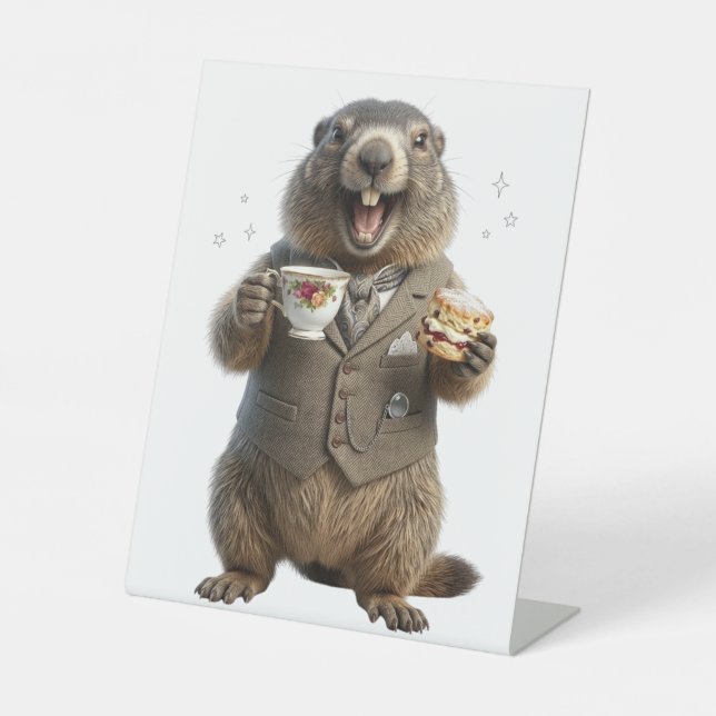 Murmeltier beim Teetrinken Sockelschild (Vorderseite)