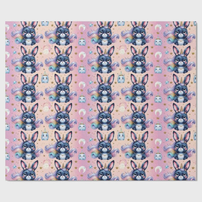 mürrisch blauer Einhornhase Geschenkpapier (Flach)