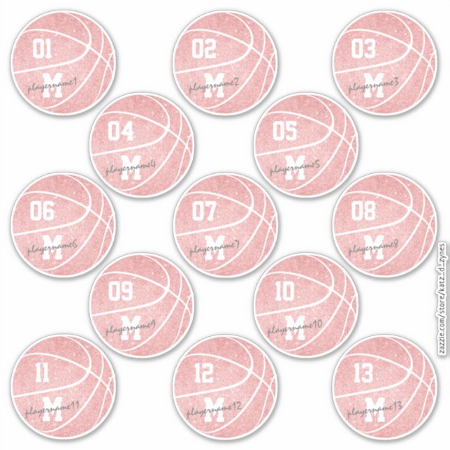 Mürrisch rosa weißer Basketball 13 Spielernamen Aufkleber (Vorderseite)