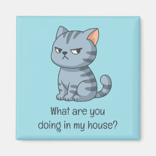 Mürrische Graue Tabby-Katze Lustiger Text Blau Magnet