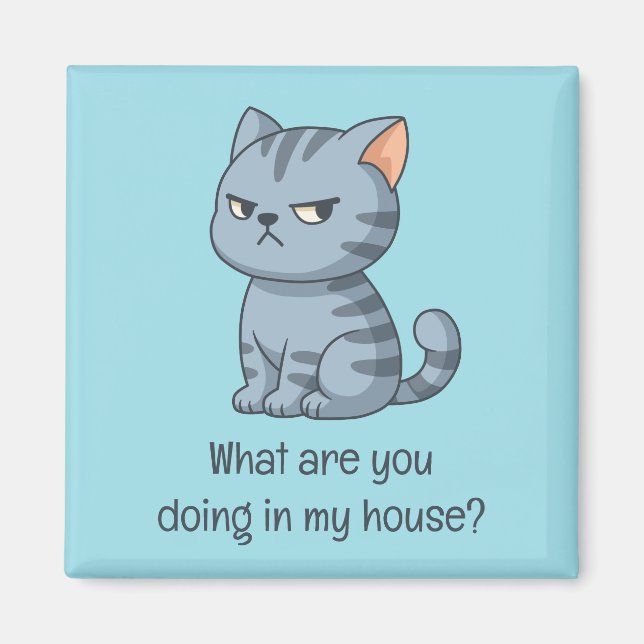 Mürrische Graue Tabby-Katze Lustiger Text Blau Magnet (Vorne)
