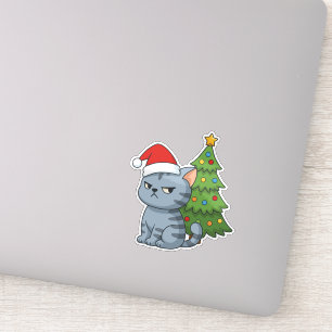 Mürrische Graue Tabby-Katze Rote Mütze Weihnachtsb Aufkleber