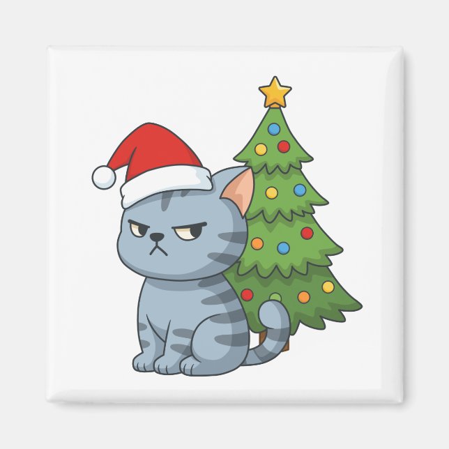 Mürrische Graue Tabby-Katze Rote Mütze Weihnachtsb Magnet (Vorne)