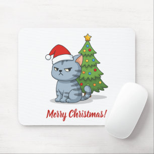 Mürrische Graue Tabby-Katze Rote Weihnachtsmütze W Mousepad