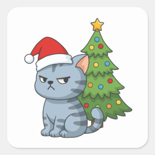 Mürrische Graue Tabby-Katze Rote Weihnachtsmütze W Quadratischer Aufkleber