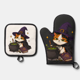 Mürrische Hexenkatze Halloween Ofenhandschuh & Topflappen-Set