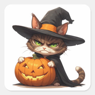 Mürrische Hexenkatze mit Kürbis Halloween-Spaß 🎃 Quadratischer Aufkleber