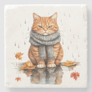 Mürrische orange Katze im Regen Steinuntersetzer