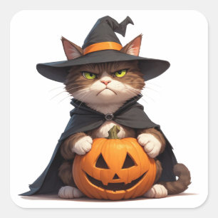 Mürrische schwarze Katze hält Kürbis für Halloween Quadratischer Aufkleber