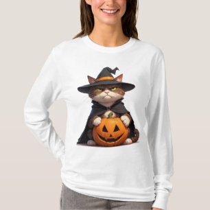 Mürrische schwarze Katze hält Kürbis für Halloween T-Shirt