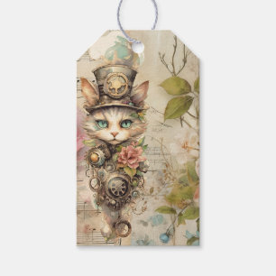 Mürrische Steampunk-Katzen-Collage Vintage-Papierr Geschenkanhänger
