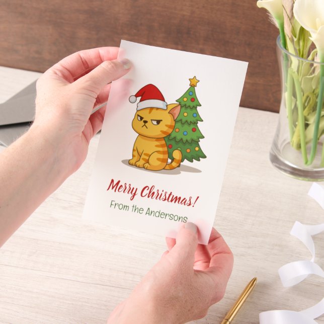 Mürrische Tabby-Katze Rote Mütze Weihnachtsbaum Ei (Handgehalten)