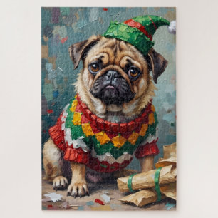 Mürrischer Mops-Hund mit Elf-Hut Lustige Weihnacht