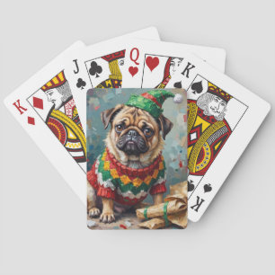Mürrischer Mops-Hund mit Elf-Hut Lustige Weihnacht Spielkarten