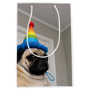 Mürrischer Mops mit Regenbogen-Geburtstagshut Mittlere Geschenktüte