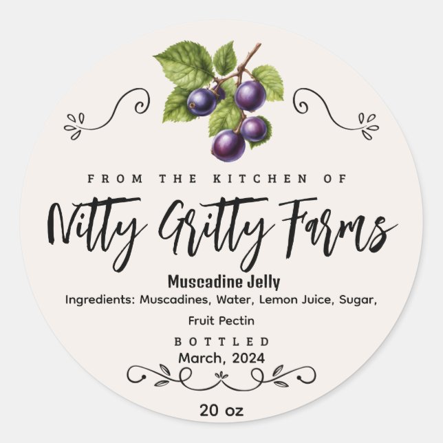 Muscadine-Jam-Jelly-Konserven-Label Runder Aufkleber (Vorderseite)