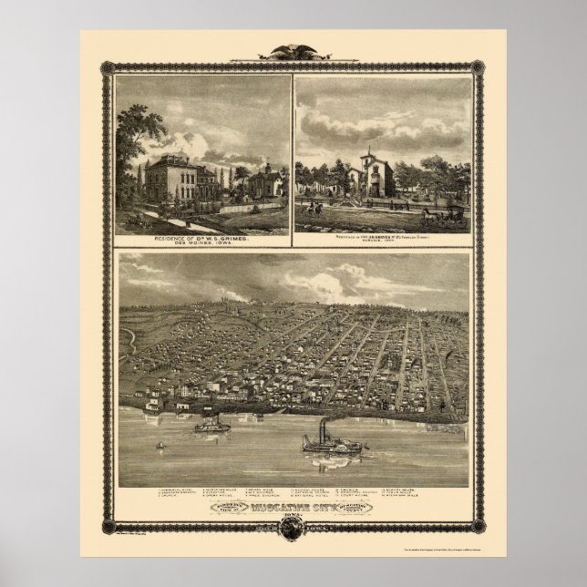 Muscatine City, IA Panoramakarte - 1875 Poster (Vorne)