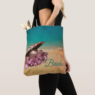 Muschel am Strand mit Blume am Strand (Ihr Text) Tasche