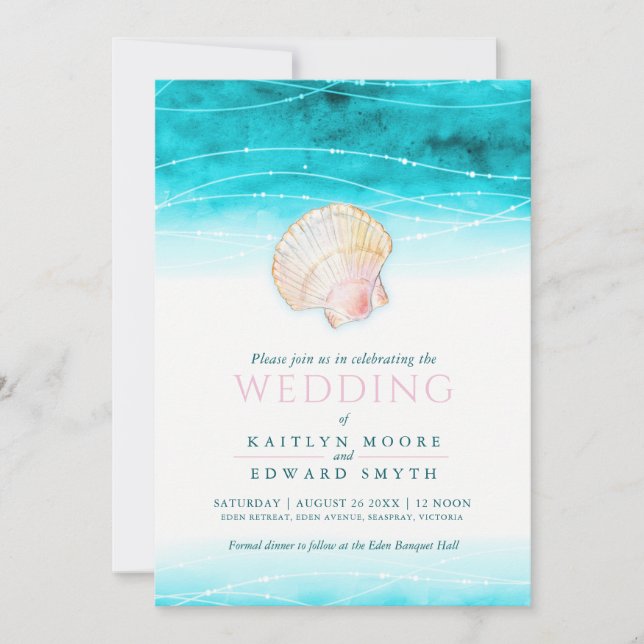 Muschel Aquarell Hochzeit Aqua Rosa Einladung (Vorderseite)