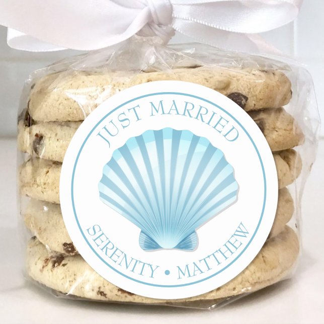 Muschel Beach Blue Nautical Wedding Just Married Runder Aufkleber (Von Creator hochgeladen)