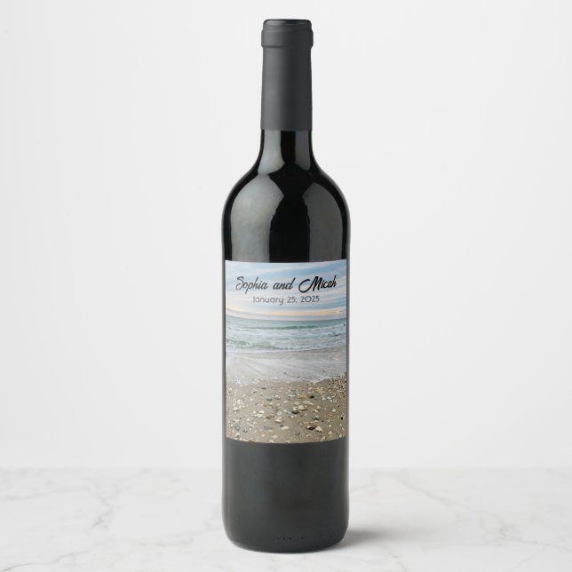 Muschel Beach Sunrise Hochzeit Wein Flaschen Label Weinetikett (Vorderseite)