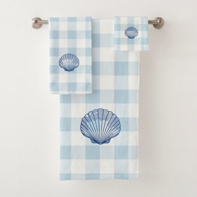 Muschel Blau Karo Gingham Muster Badehandtuch Set (Insitu)