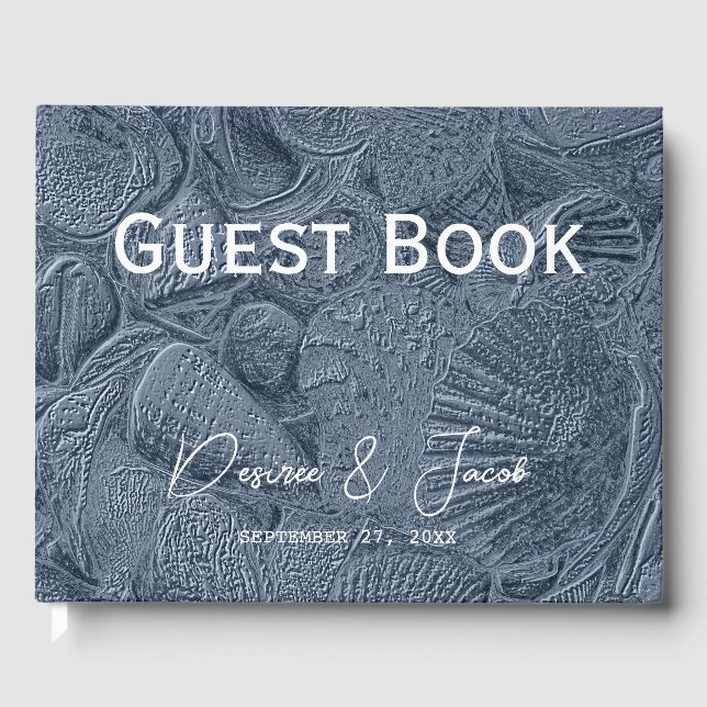 Muschel Dark Dusty Blue Moderner Küstenstrand Gästebuch (Vorderseite)