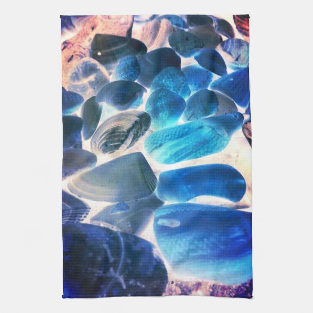Muschel der Austern, Farbe blau in grau Geschirrtuch (Vertikal)