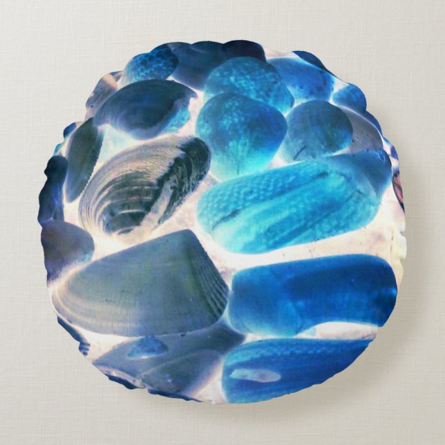 Muschel der Austern, Farbe blau in grau Rundes Kissen (Vorderseite)