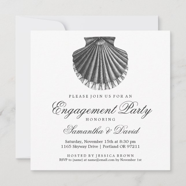 Muschel der Scallop Beach Engagement Party Einladung (Vorderseite)