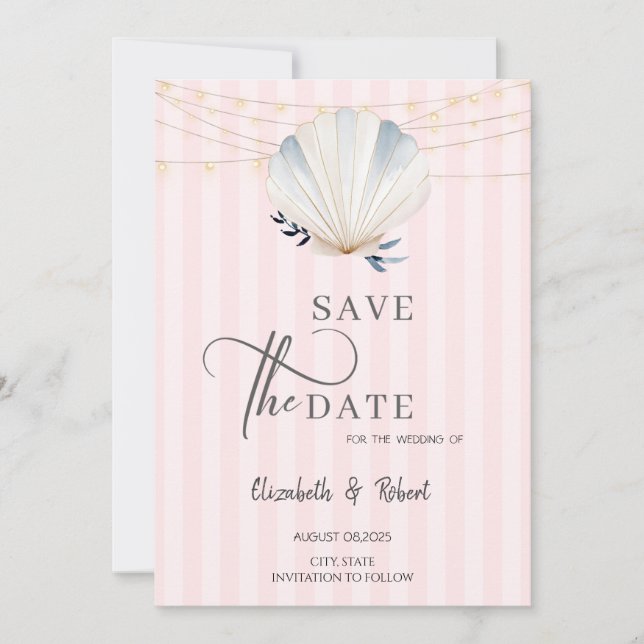 Muschel-Lichterkette Rosa Streifen Save The Date (Vorderseite)