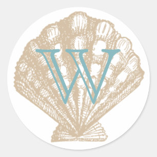 Muschel Tan Scallop Sea Muschel Monogram Runder Aufkleber