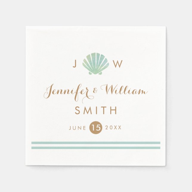Muschel Watercolor Aqua Wedding Paper Napkin Serviette (Vorderseite)