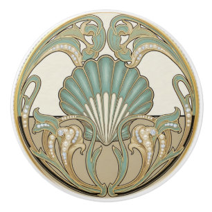 Muschelgrün Creme & Gold Art Deco Nouveau Muschel Keramikknauf