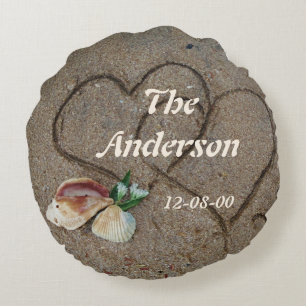 Muscheln & 2 Herz am Strand, Hochzeitskissen nach  Rundes Kissen