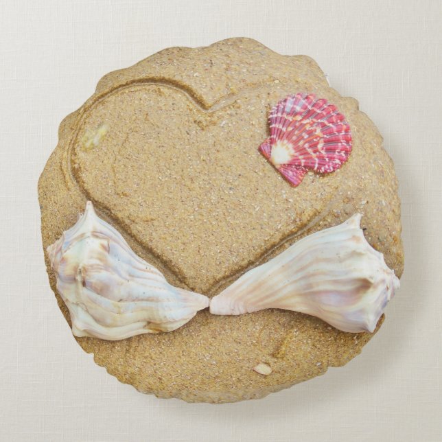Muscheln & 2 Herz am Strand, Hochzeitskissen nach  Rundes Kissen (Rückseite)