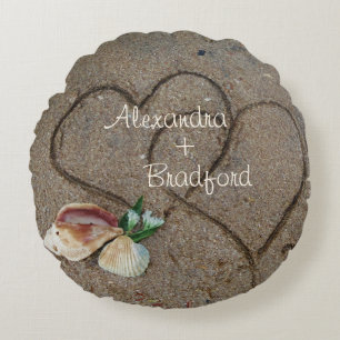 Muscheln & 2 Herz am Strand, Hochzeitskissen nach  Rundes Kissen