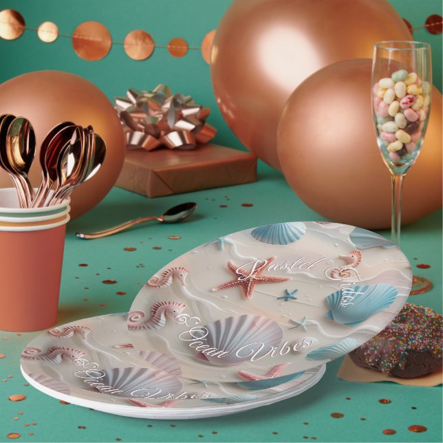 Muscheln am Strand, Starfish & Seepferde Rosa Sand Pappteller (Multi)