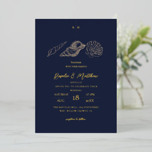 Muscheln Blau & Gold Strandhochzeit Folieneinladung