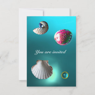 MUSCHELN DAMAST JUWEL STRAND HOCHZEIT blau aquamar Einladung