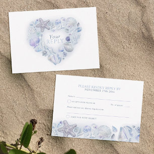 Muscheln Herzkunst Strand Hochzeit Aquarell Blues RSVP Karte
