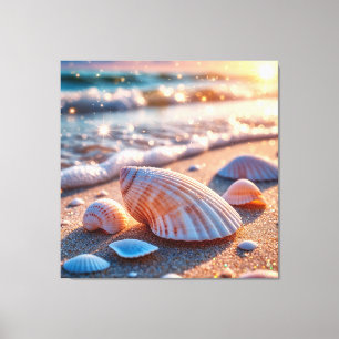Muscheln im Sand mit glitzernden Ozeanwellen Leinwanddruck