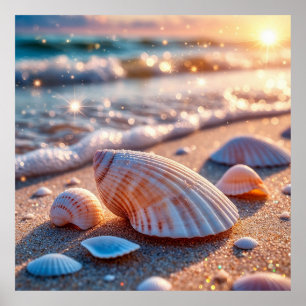 Muscheln im Sand mit glitzernden Ozeanwellen Poster