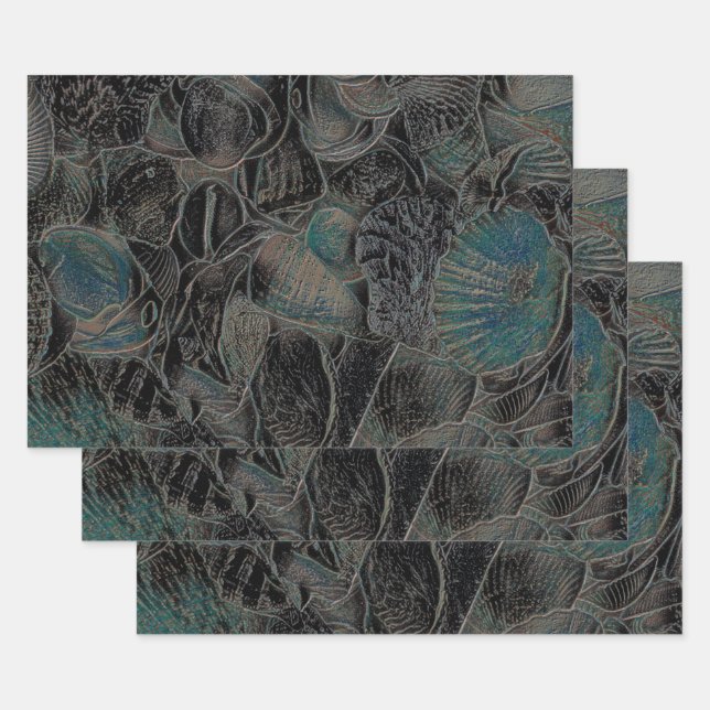 Muscheln Ocean Beach Aquamarin Black Art Decoupage Geschenkpapier Set (Set)