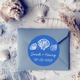 Muscheln Strand Hochzeit Blau Weiß INDIVIDUELL  Runder Aufkleber