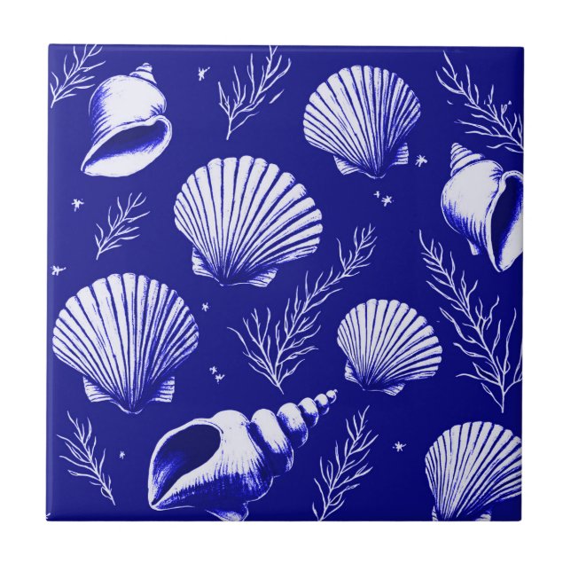 Muscheln und Algen in Navy Blue und White Fliese (Vorderseite)