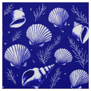 Muscheln und Algen in Navy Blue und White Stoff