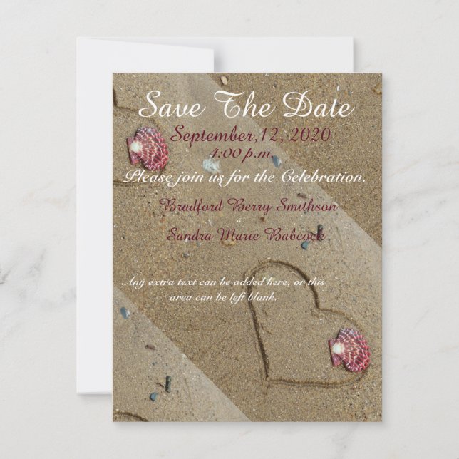 Muscheln und Herz im Sand Save the Date laden (Vorderseite)