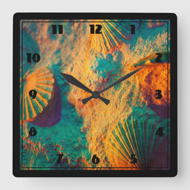 Muscheln und Sand Quadratische Wanduhr (Vorderseite)